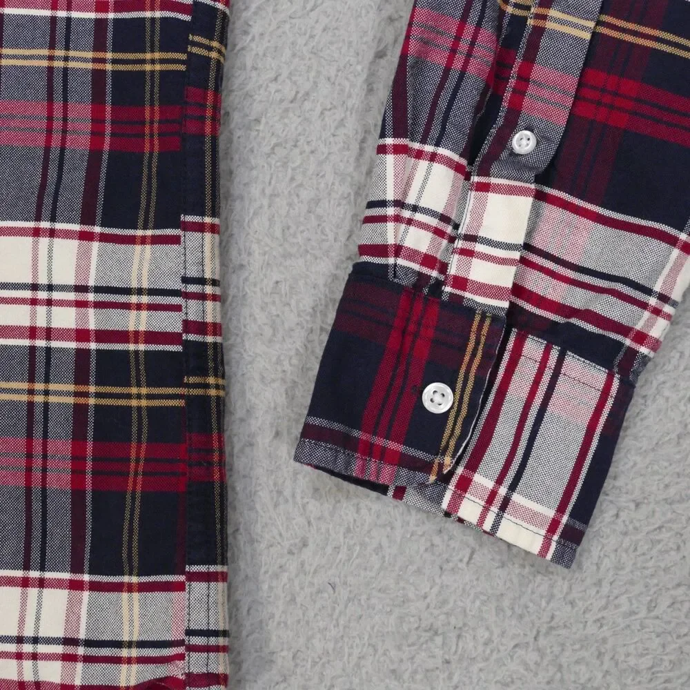 J Crew Oxford Shirt Mens Large SLIM Fit Red Navy Blue Plaid Long Sleeve